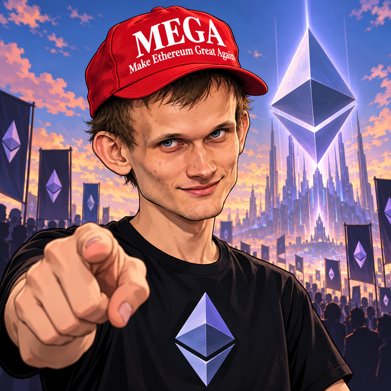 Cartoon parody of Vitalik Buterin wearing a MEGA cap